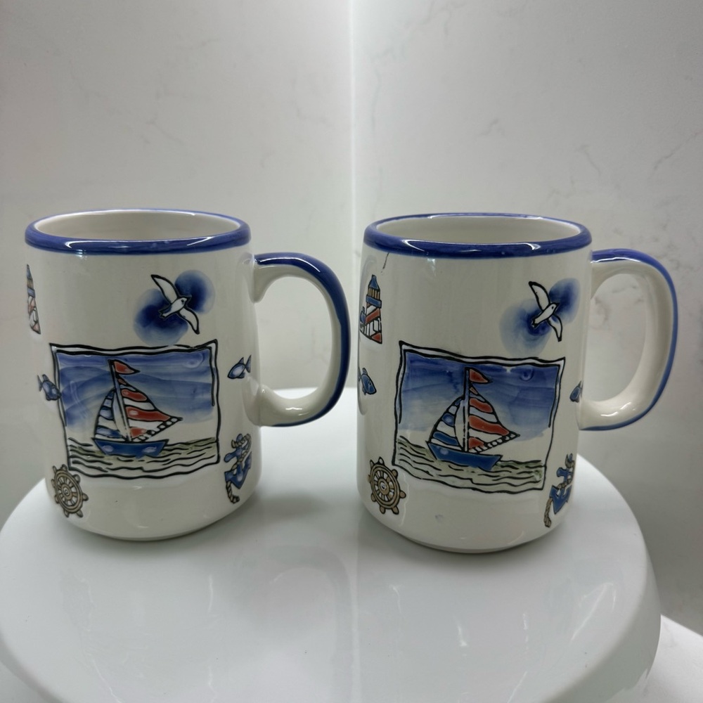Set of 2 WCL Nautical Sailboat Ceramic Mugs – Blue & White Coastal Coffee Cups